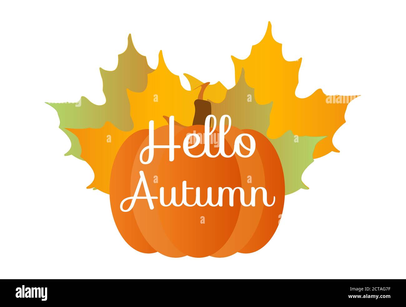 Hello Autumn quote with pumpkin and orange maple leafes isolated illustration Stock Vector
