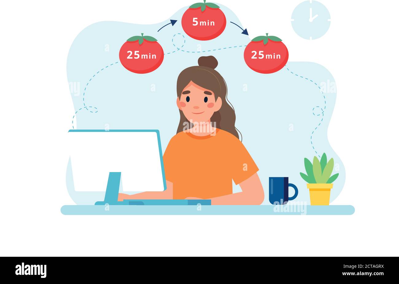 Woman working with computer using time management. Pomodoro technique concept Stock Vector