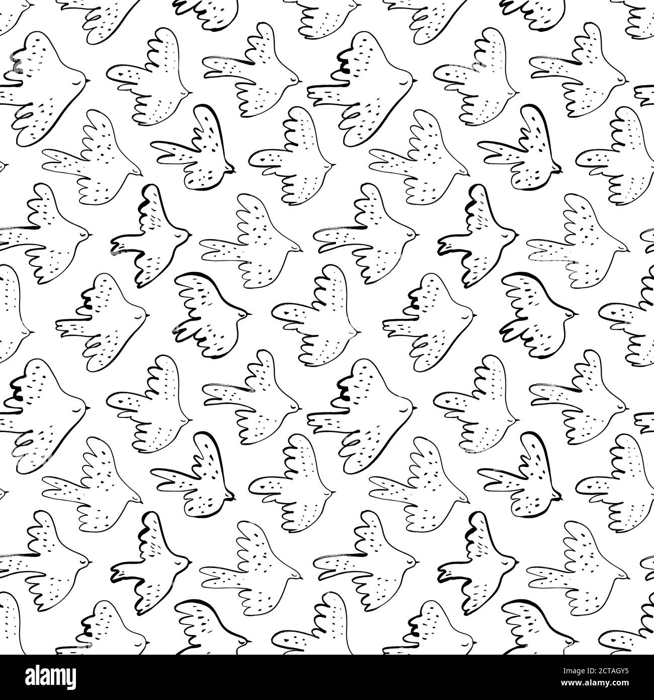 Seamless vector doodle pattern with black birds. Stock Vector