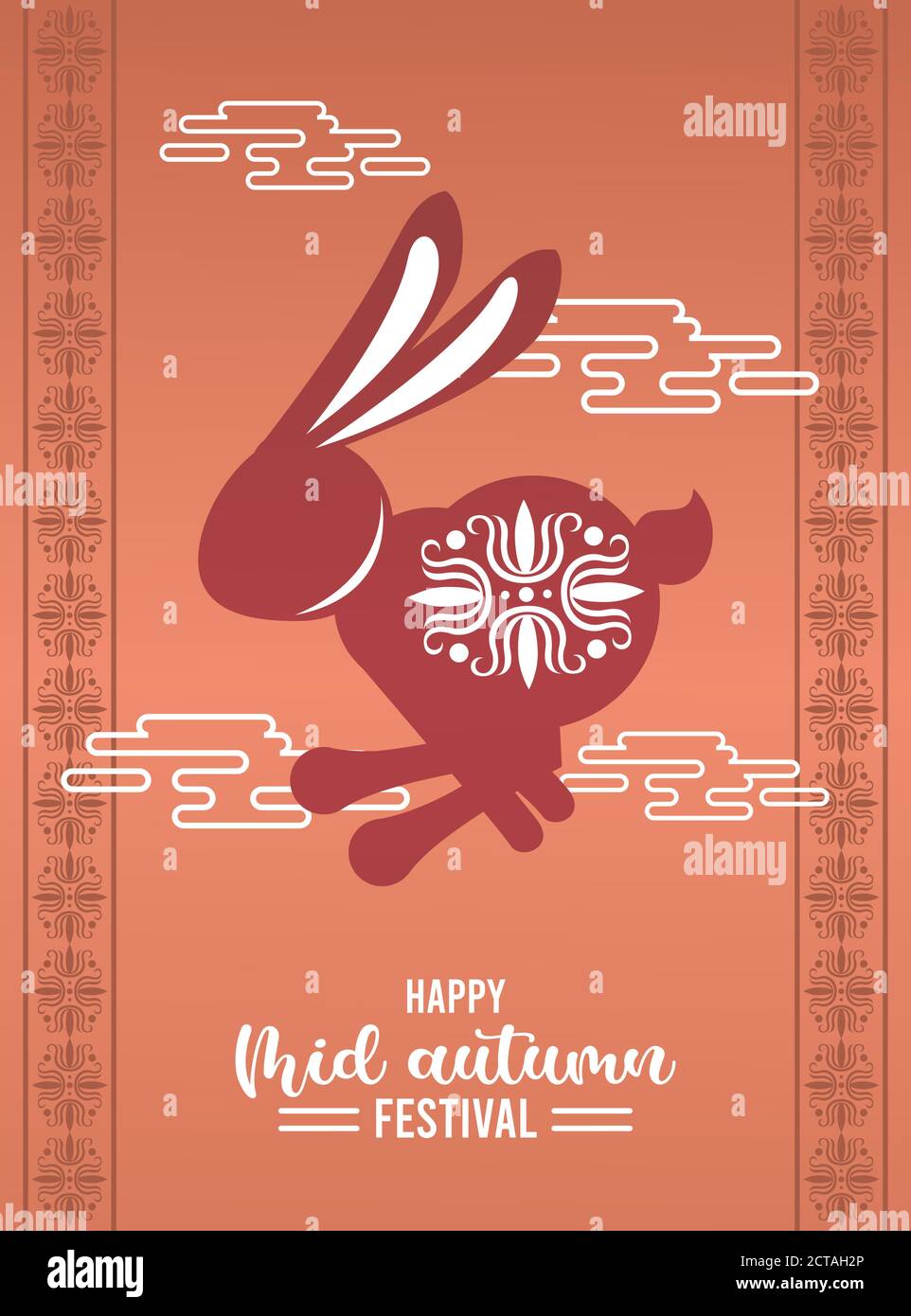happy mid autumn lettering card with rabbit jumping and clouds vector ...