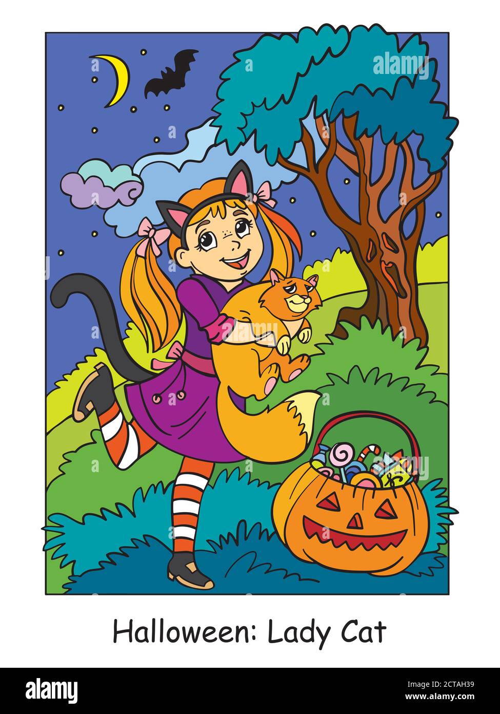 Colorful Halloween cute little girl in costume of cat Stock Vector ...