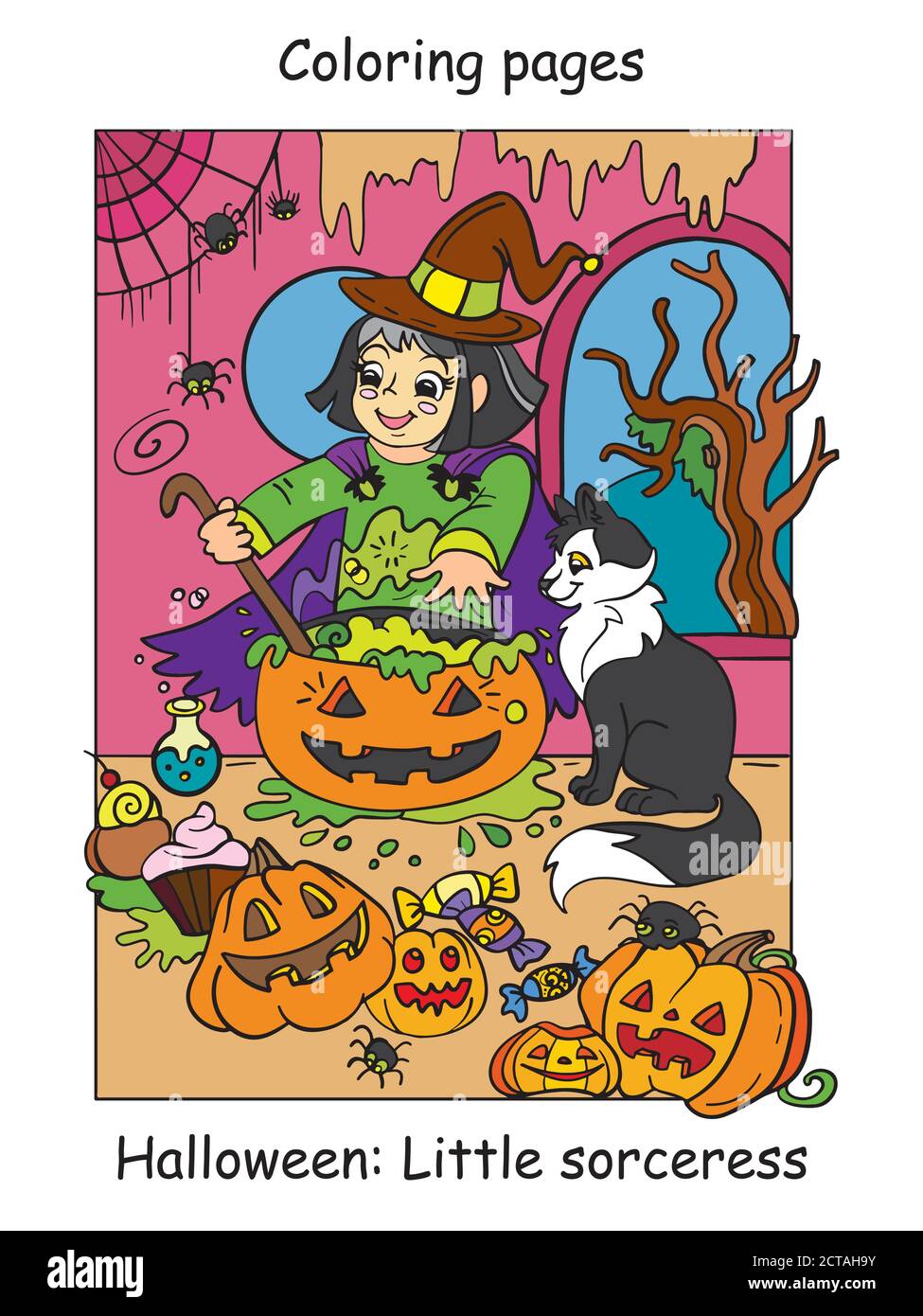 Colorful Halloween cute little witch cooks in cauldron Stock Vector