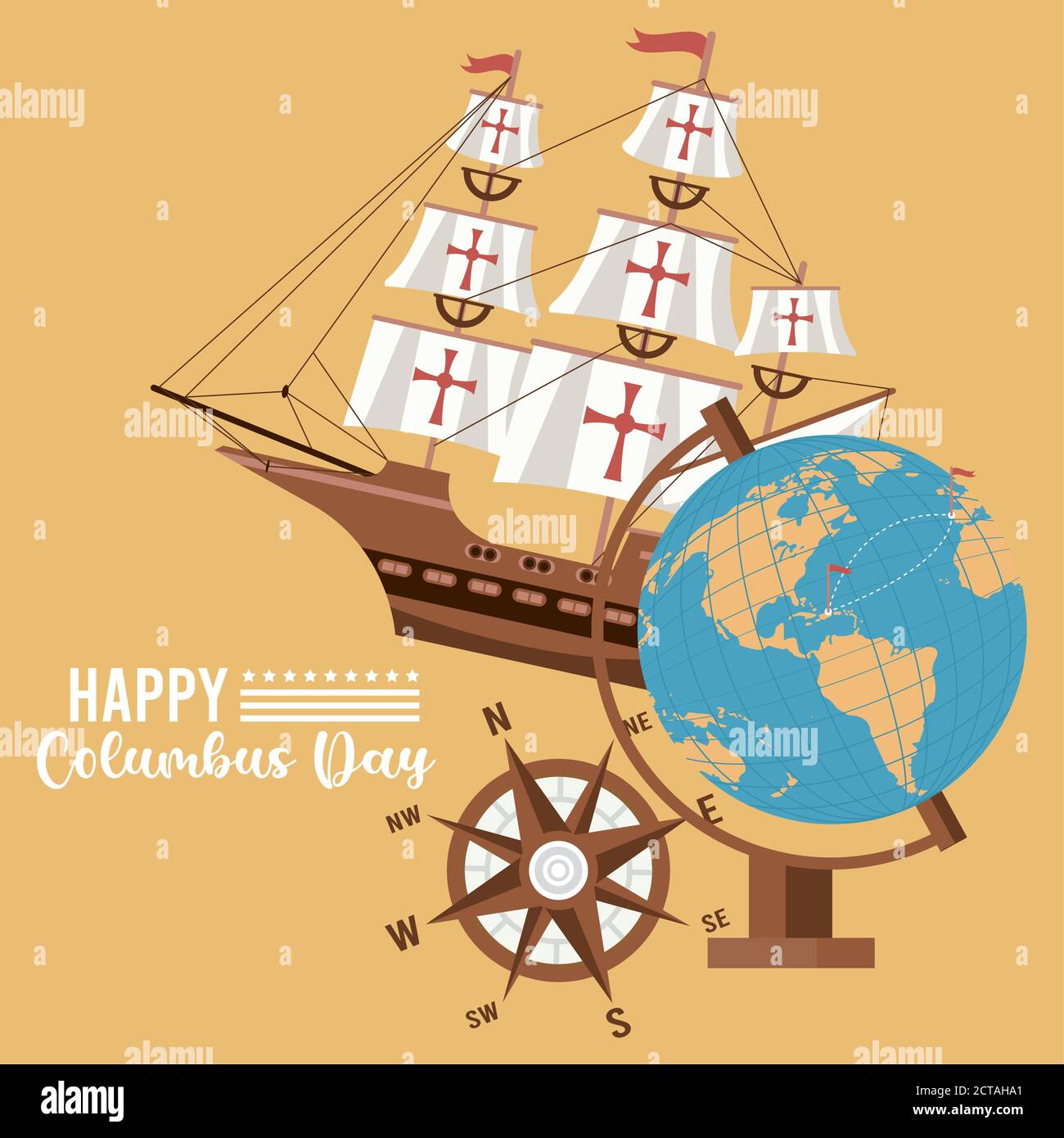 happy columbus day celebration with ship and world map vector