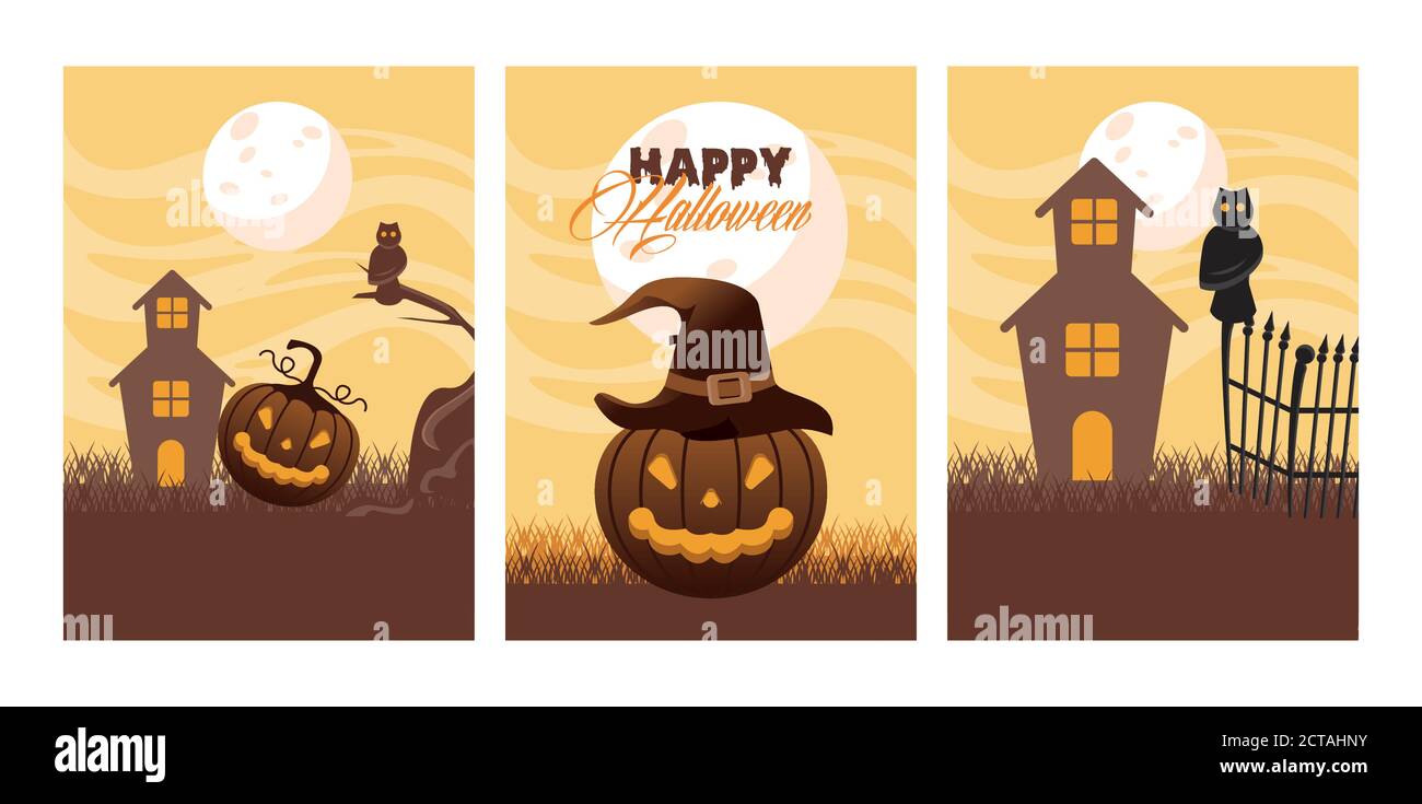 happy halloween celebration card with pumpkins and haunted house scenes ...