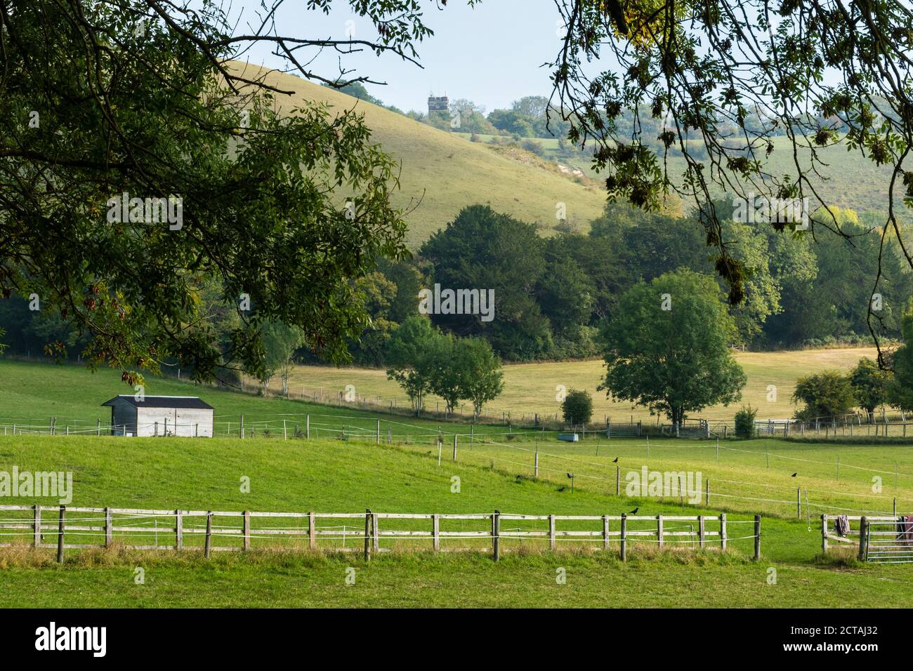 View across fields to Colley Hill and Reigate Hill in the Surrey Hills Area of Outstanding Natural Beauty and North Downs, UK, during September Stock Photo