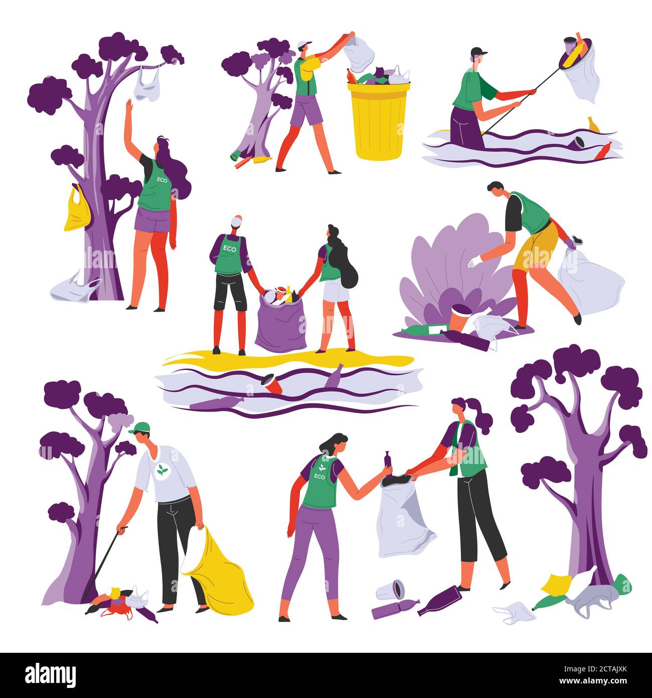 Volunteers caring for ecology and environment, people collecting ...