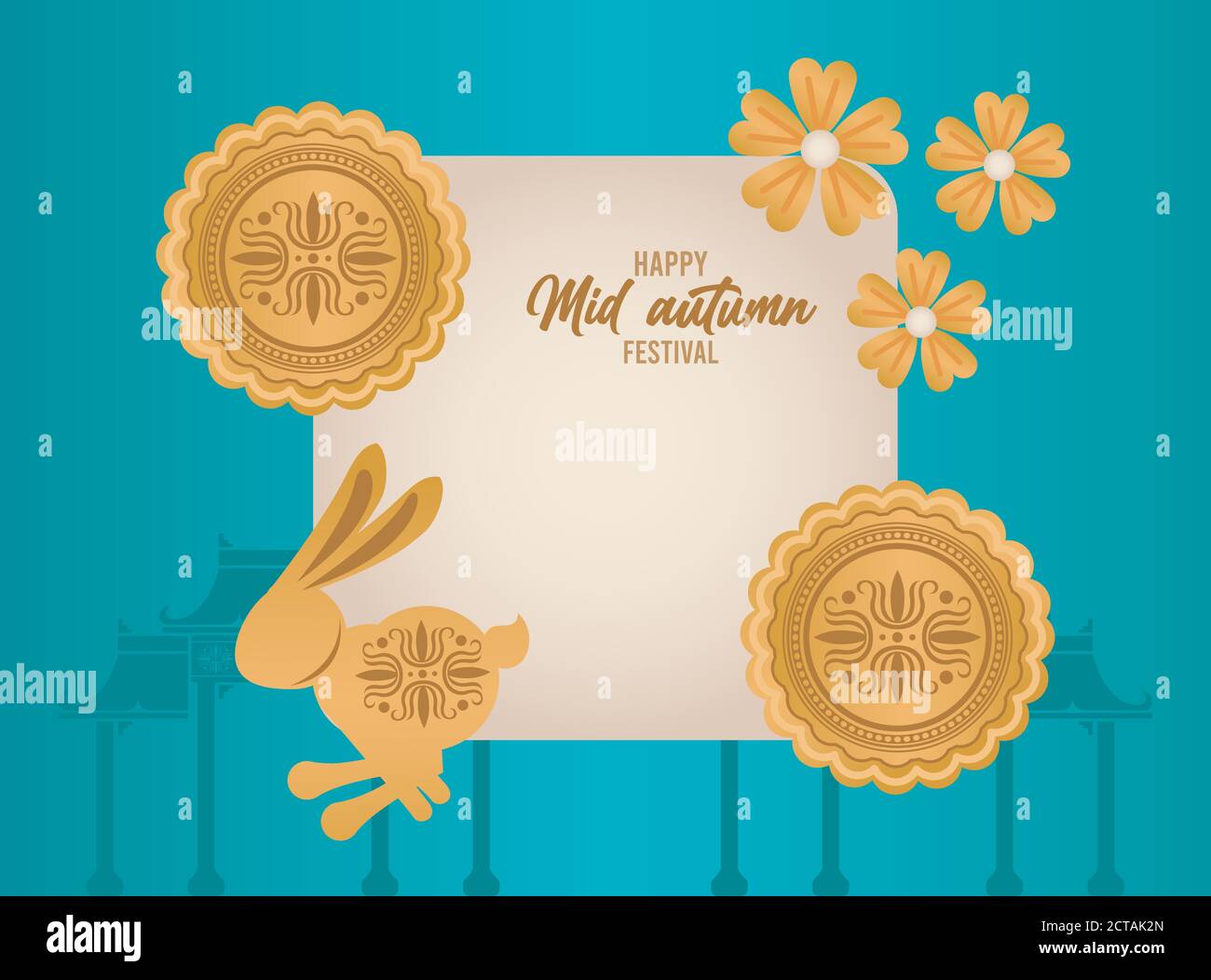 happy mid autumn lettering card with rabbit and flowers square frame ...