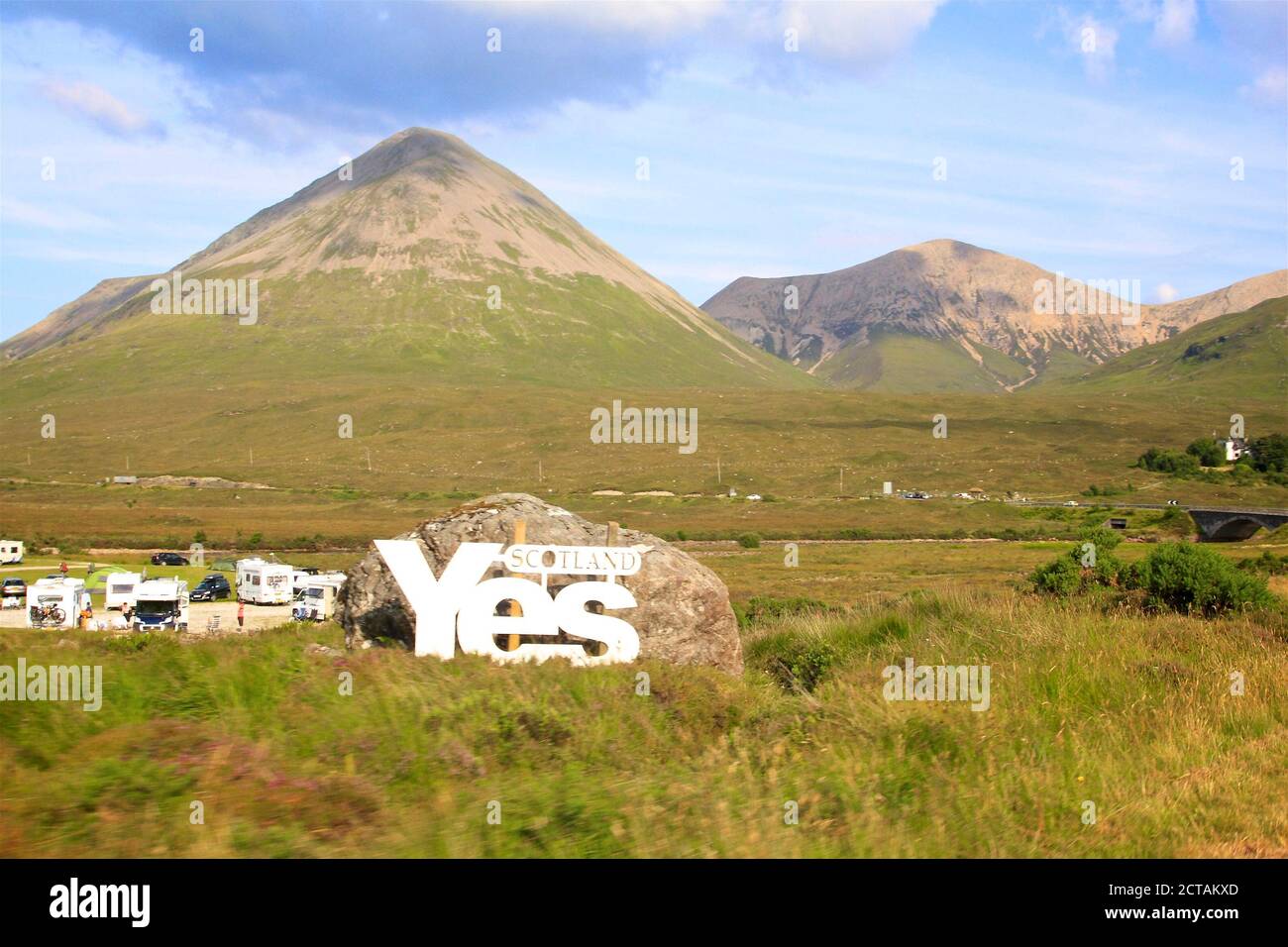 mountains with a yes sign in foreground Stock Photo