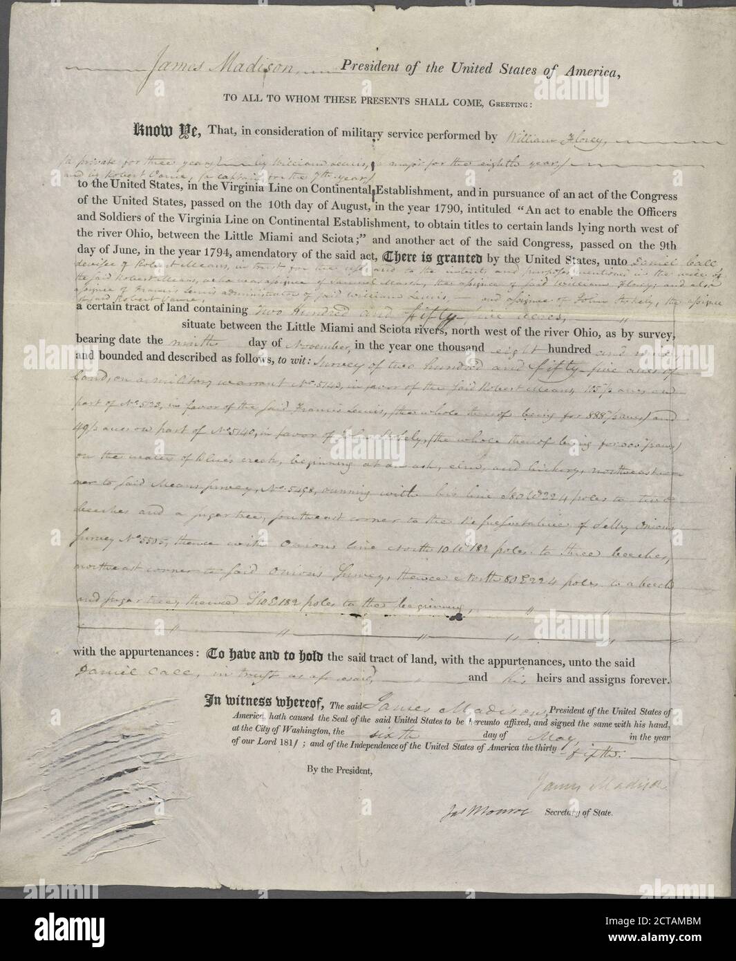 Land contract for consideration of military service, text, Documents, 1811 Stock Photo Alamy
