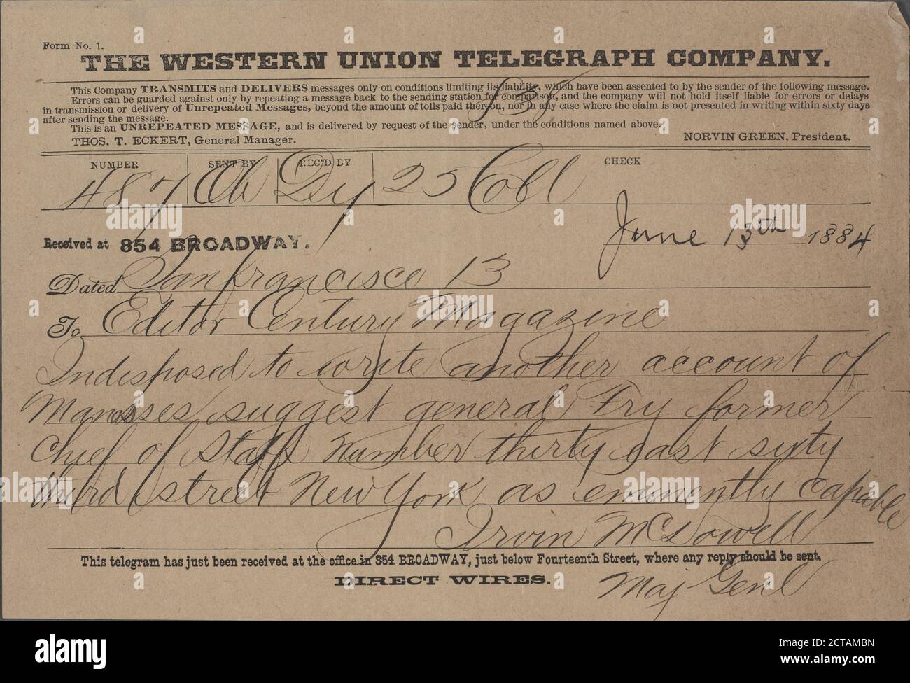 McDowell, Irwin, text, Correspondence, 1884 Stock Photo