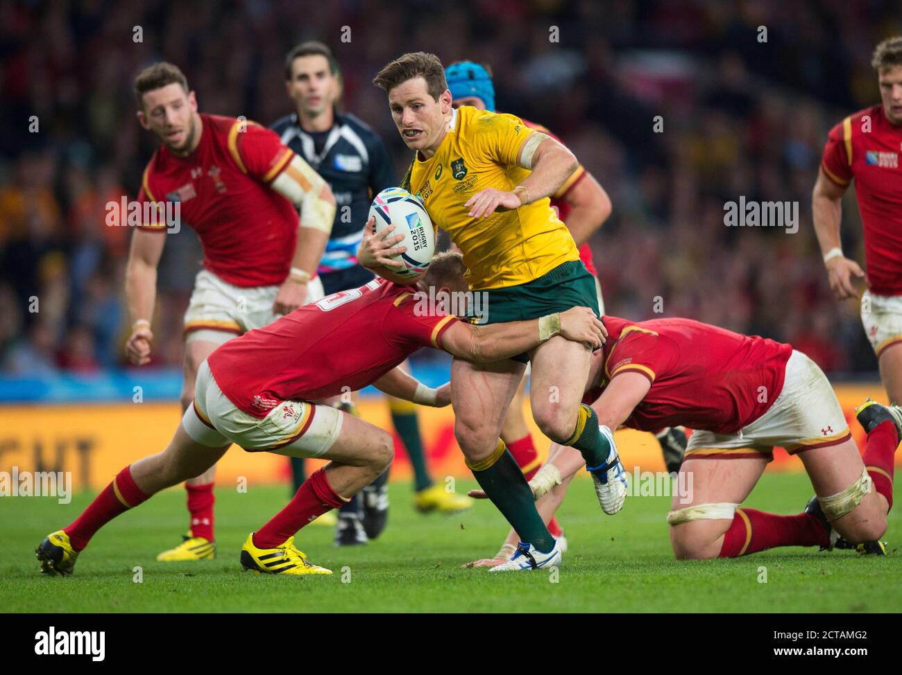 Bernard Foley charges at the Welsh defence  Australia v Wales Rugby World Cup 2015  Picture Credit : MARK PAIN / ALAMY Stock Photo