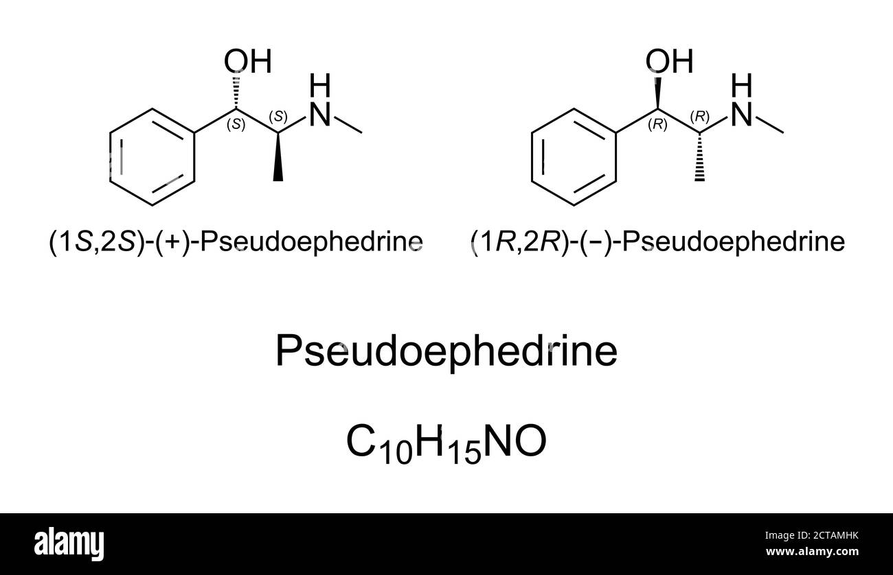 Pseudoephedrine, chemical structure. A decongestant and stimulant. Illicitly used by athletes and truck drivers as doping agent. Stock Photo