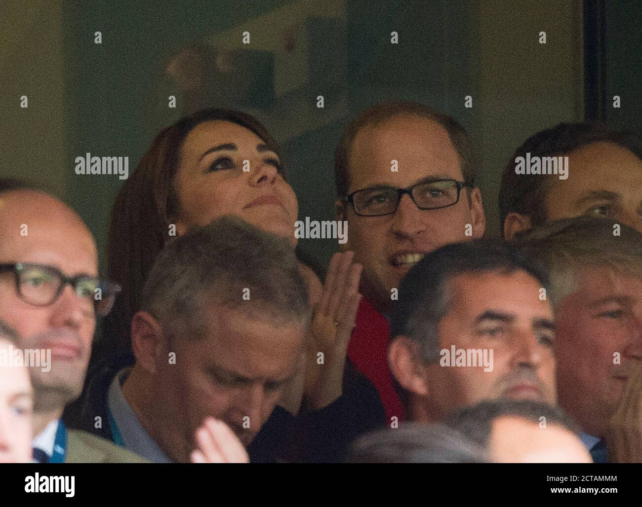 Catherine Duchess Of Cambridge and Prince William watch from the stands. Australia v Wales Rugby World Cup 2015  Picture Credit :  MARK PAIN / ALAMY Stock Photo