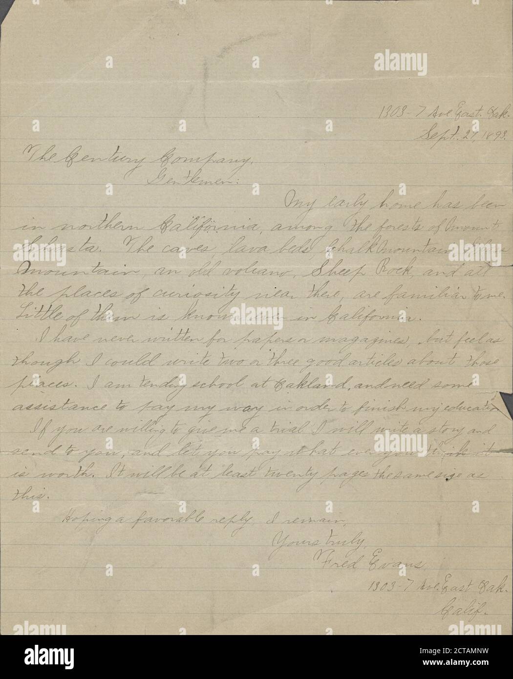 Evans, Fred, text, Correspondence, 1893 Stock Photo