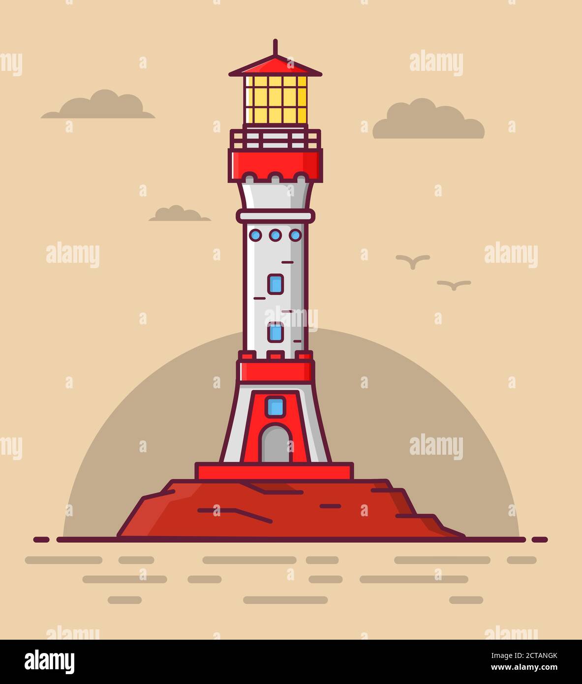 Lighthouse old navigation tower. The sea beacon the lighting way the ships navigation. Stock Vector