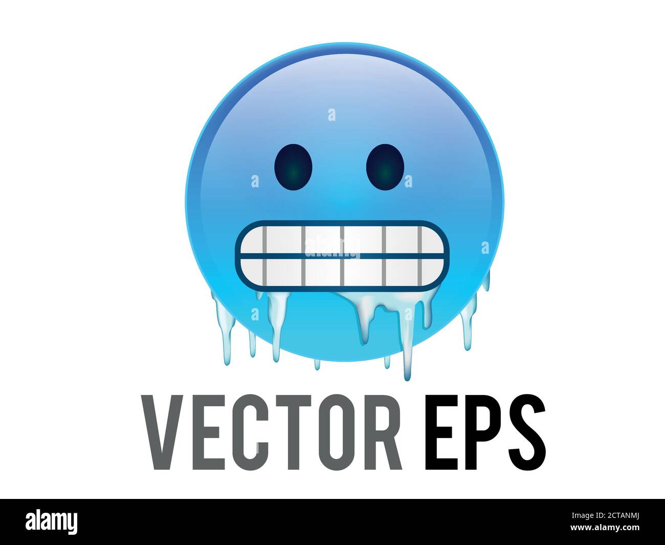The vector gradient blue cold, freezing face icon with gritted teeth, icicles clinging to cheeks and jaw Stock Vector