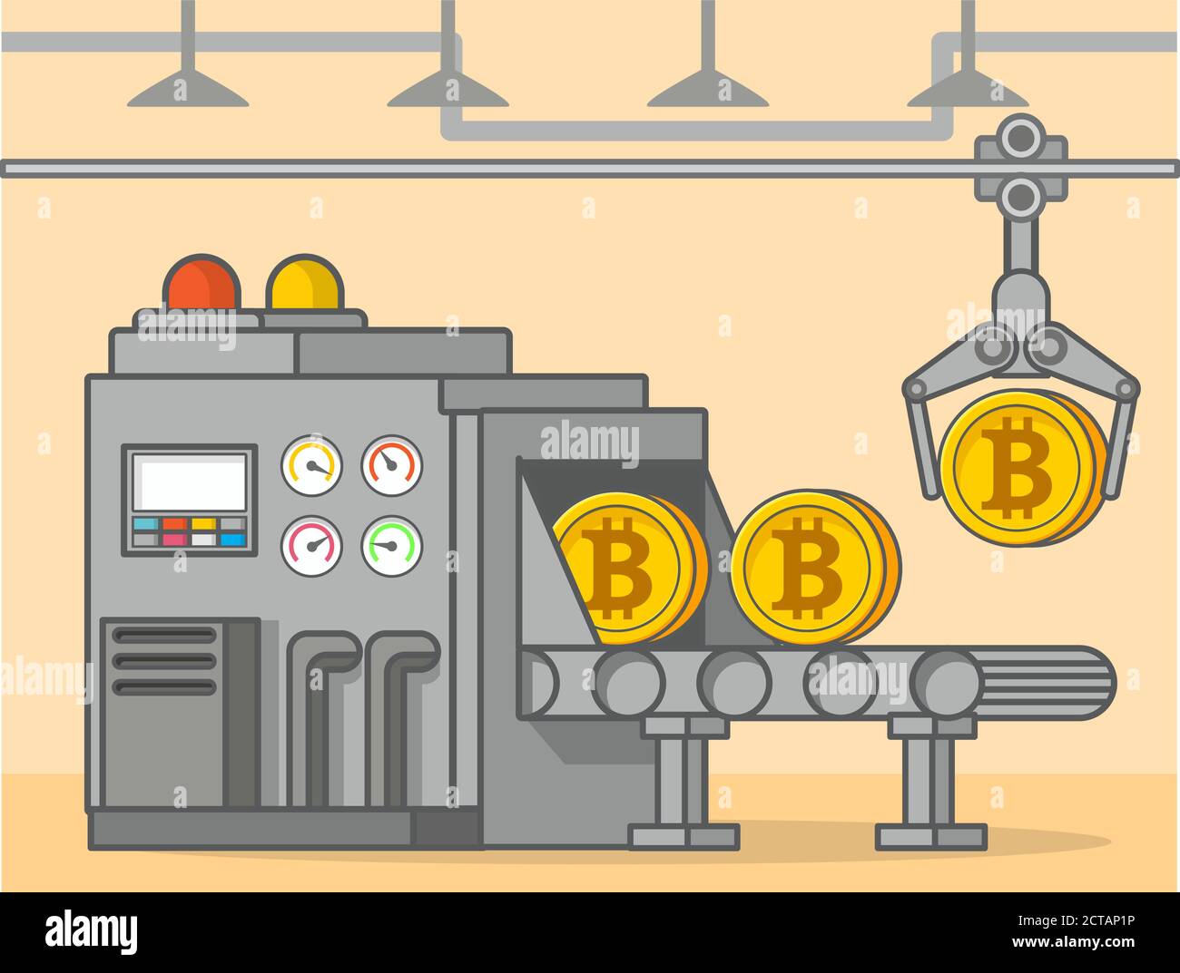 Factory conveyor bitcoin cryptocurrency mining. Golden coin Stock Vector  Image & Art - Alamy
