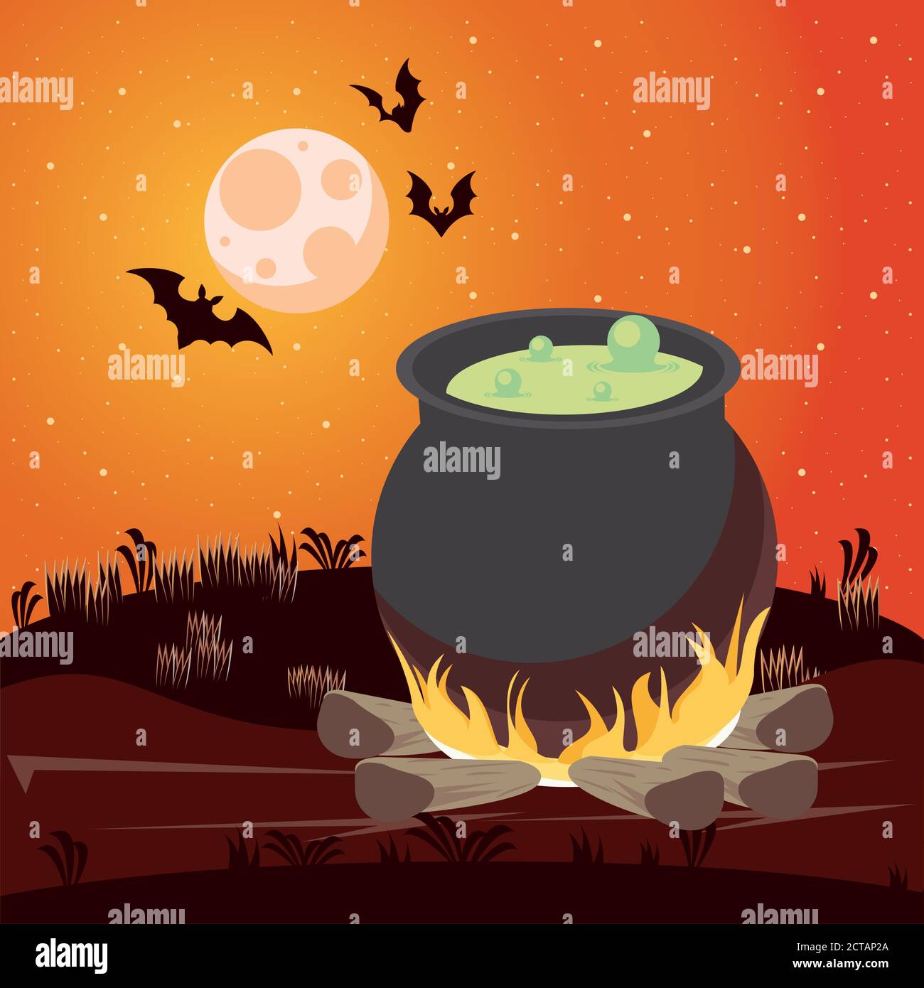 happy halloween celebration card with cauldron and bats flying scene ...