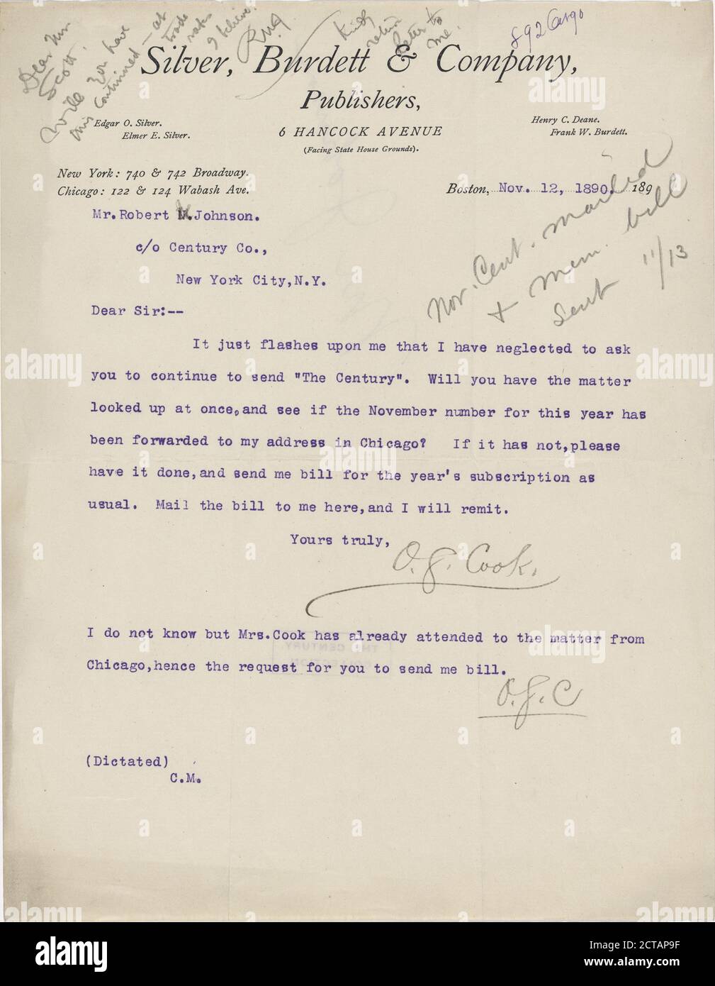 Cook, O.S, text, Correspondence, 1890 - 1891 Stock Photo - Alamy