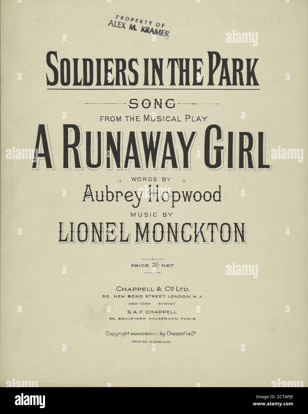Soldiers in the park, notated music, Scores, 1898 - 1898, Hopwood, Aubrey (1863-), Monckton, Lionel (1861-1924 Stock Photo