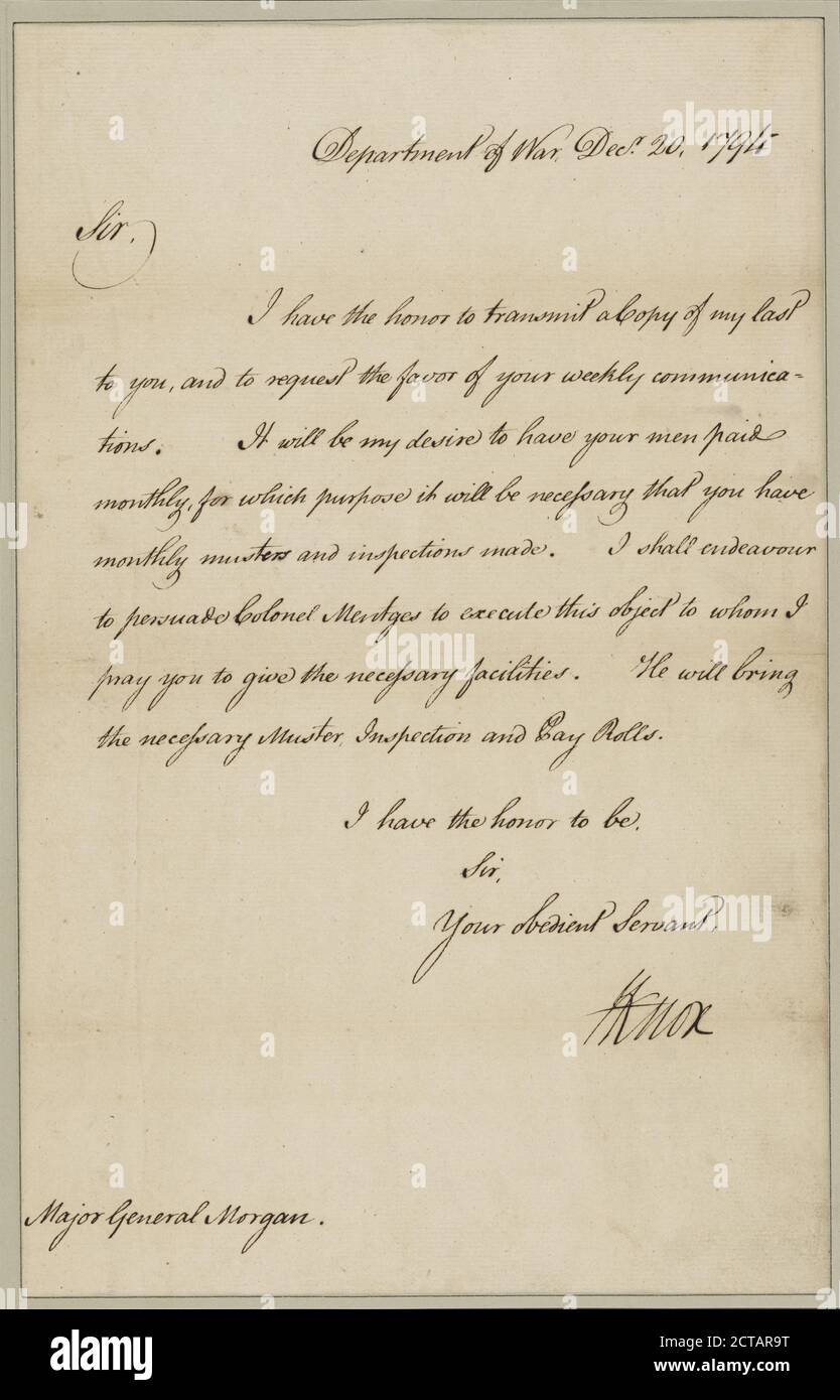 Knox, Henry. Department of War. To General Morgan, text, Documents, 1794 Stock Photo