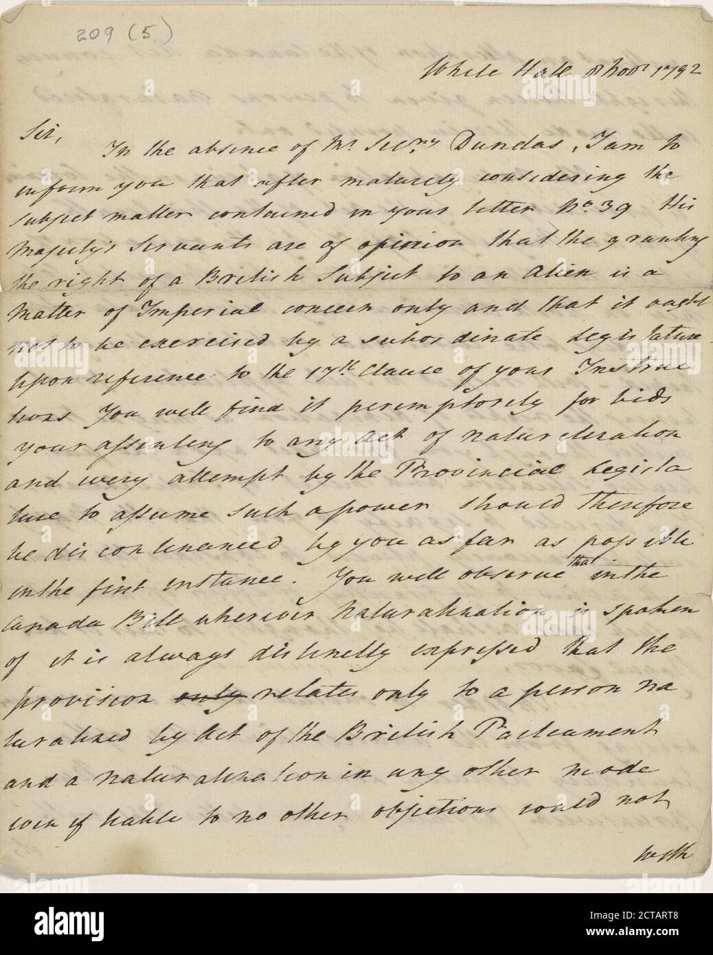 Letter from Lord Grenville William Wyndham Grenville to Lieutenant Governor Alured Clarke, text, Documents, 1792 Stock Photo