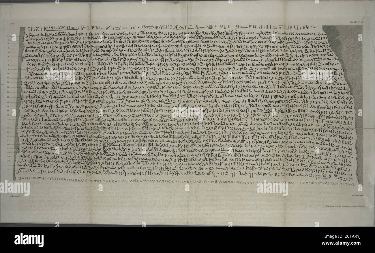 Demotic script on the Rosetta stone., still image, 1810, Stadler, Joseph Constantine, Stadler, Johann (1804-1859 Stock Photo