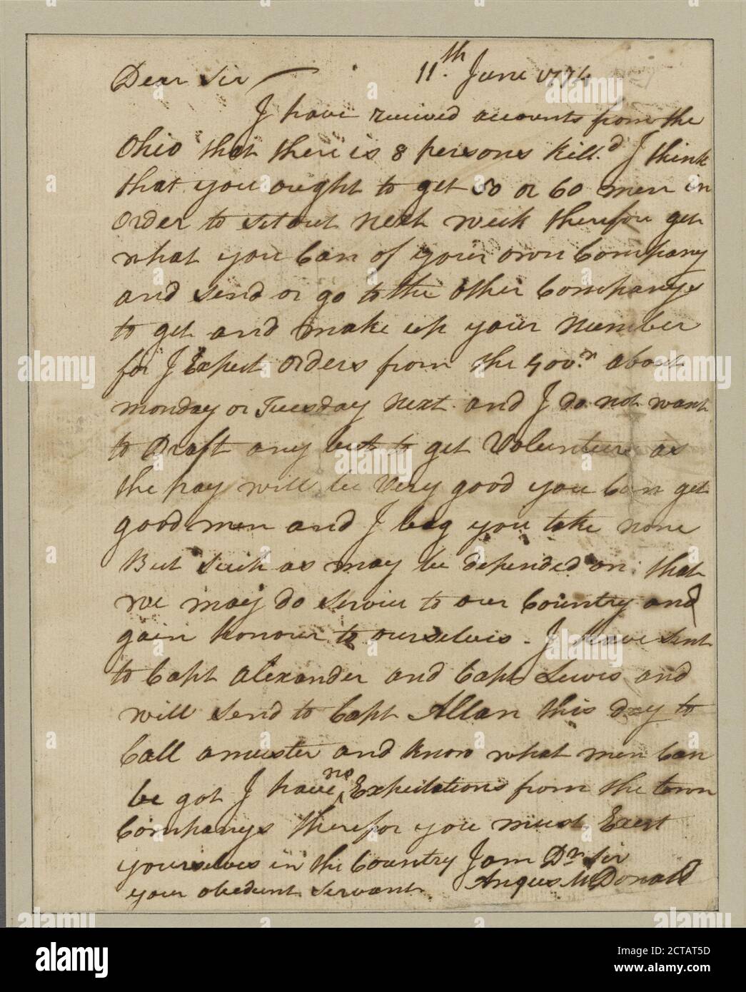 McDonald, Col. Angus. To Captain Daniel Morgan, text, Documents, 1774 Stock Photo