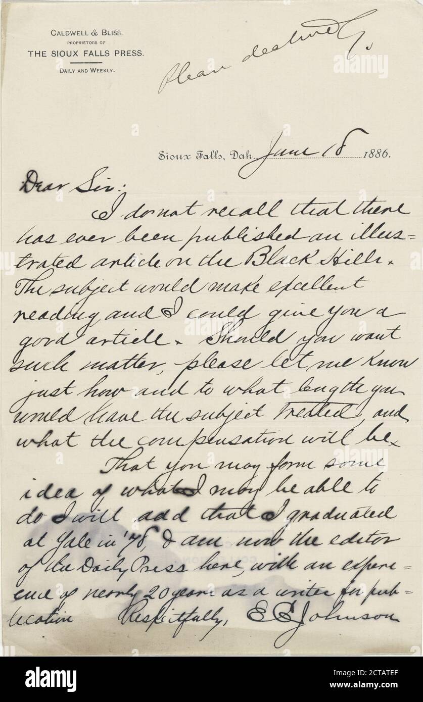 Johnson, E.C, text, Correspondence, 1886 Stock Photo