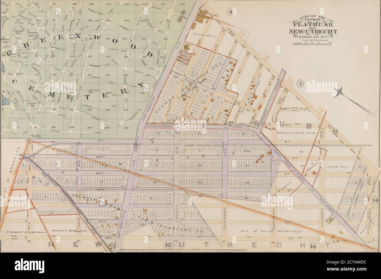 Plate 13: Bounded by West Street, Sixteenth Avenue, 43rd Street, Ninth Avenue, 37th Street (Greenwood Cemetery) and Fort Hamilton Avenue., still image, Maps, 1890, Robinson, E. (Elisha), Mueller, A. H. (August H Stock Photo