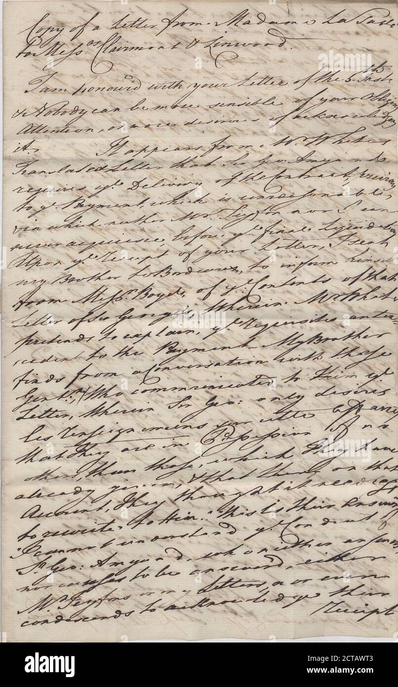 Letter from Madame Lataste to Messr. Clairment, text, Correspondence, 1737 - 1845 Stock Photo