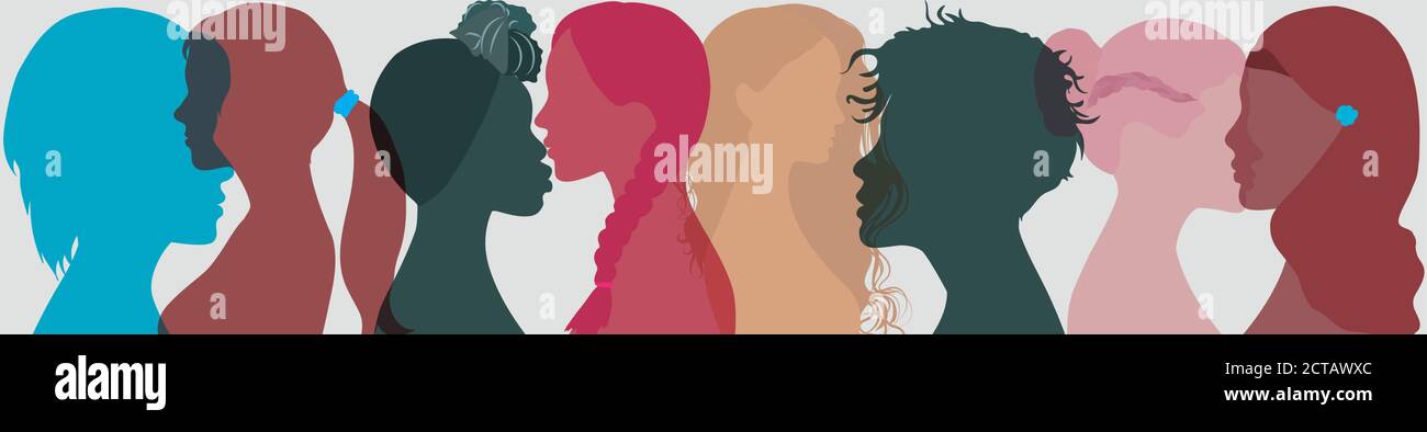 Group multi-ethnic and international women and girl who communicate and share information.Head face silhouette profile.Social network female community Stock Vector