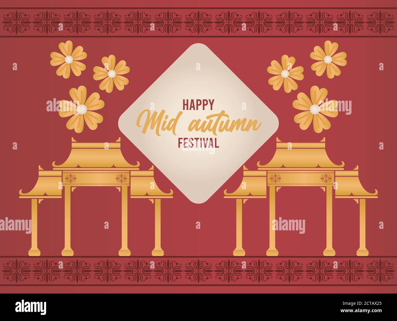 happy mid autumn lettering card with archs chineses and flowers vector ...