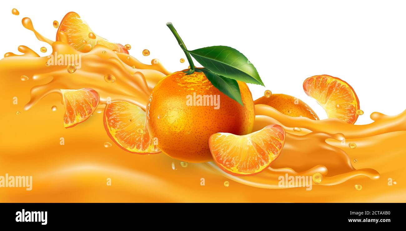 Whole and sliced mandarins on a fruit juice wave Stock Vector Image