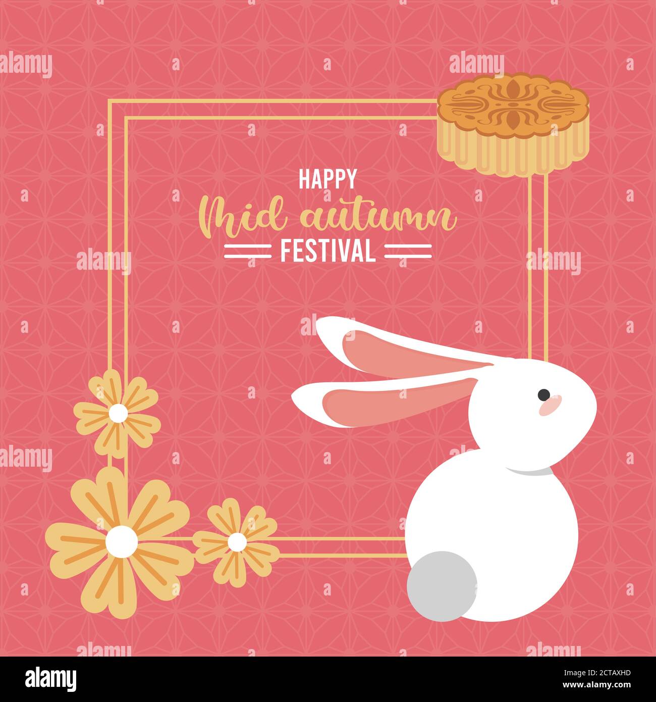 happy mid autumn lettering card with rabbit and flowers square frame ...