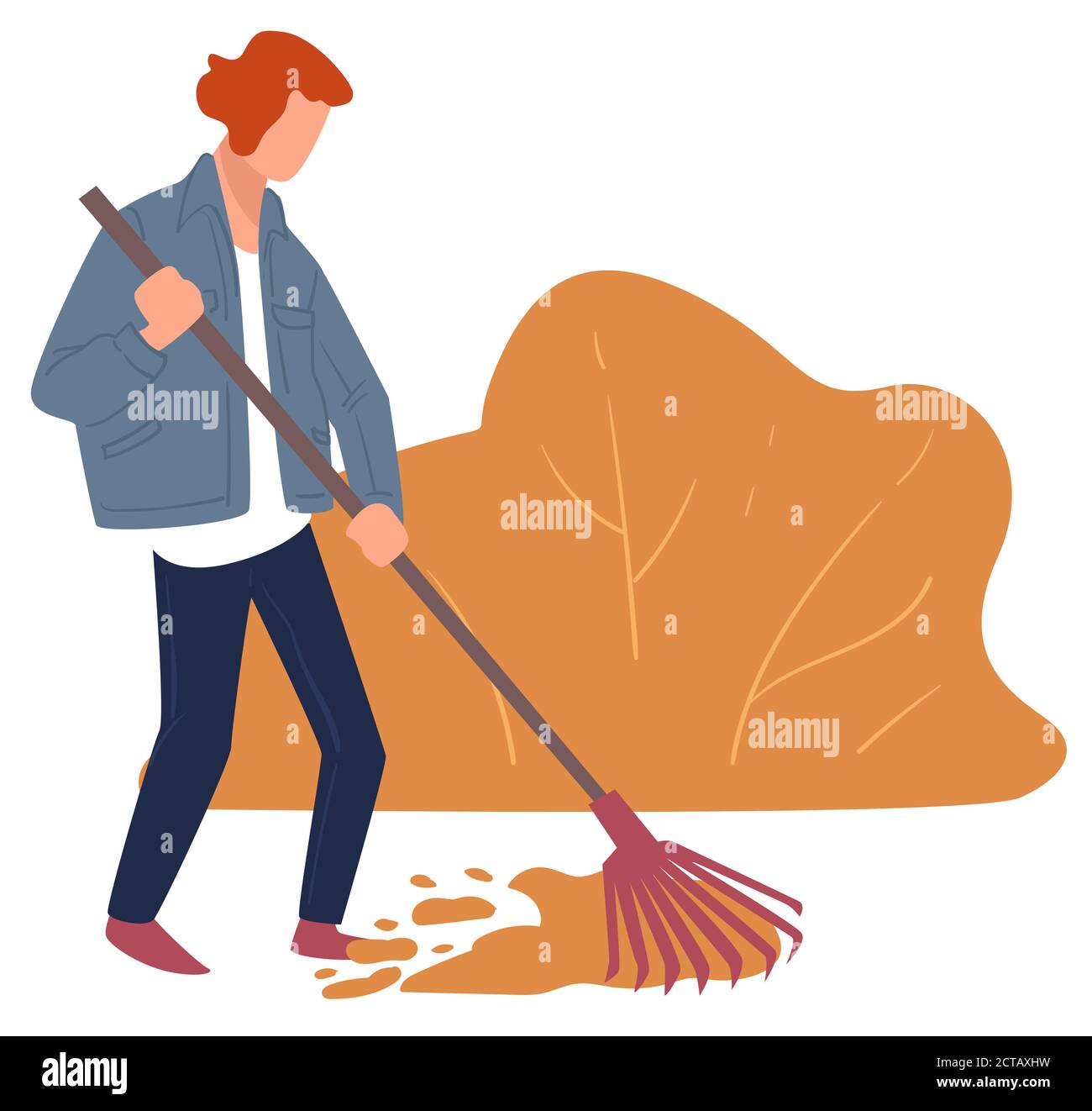 Autumn chores, character raking dry leaves cleaning yard Stock Vector