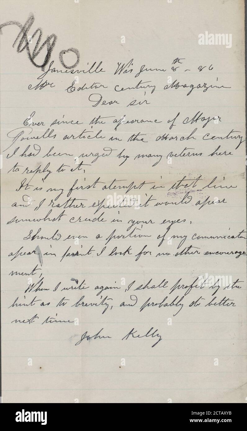Kelly, John, text, Correspondence, 1886 Stock Photo