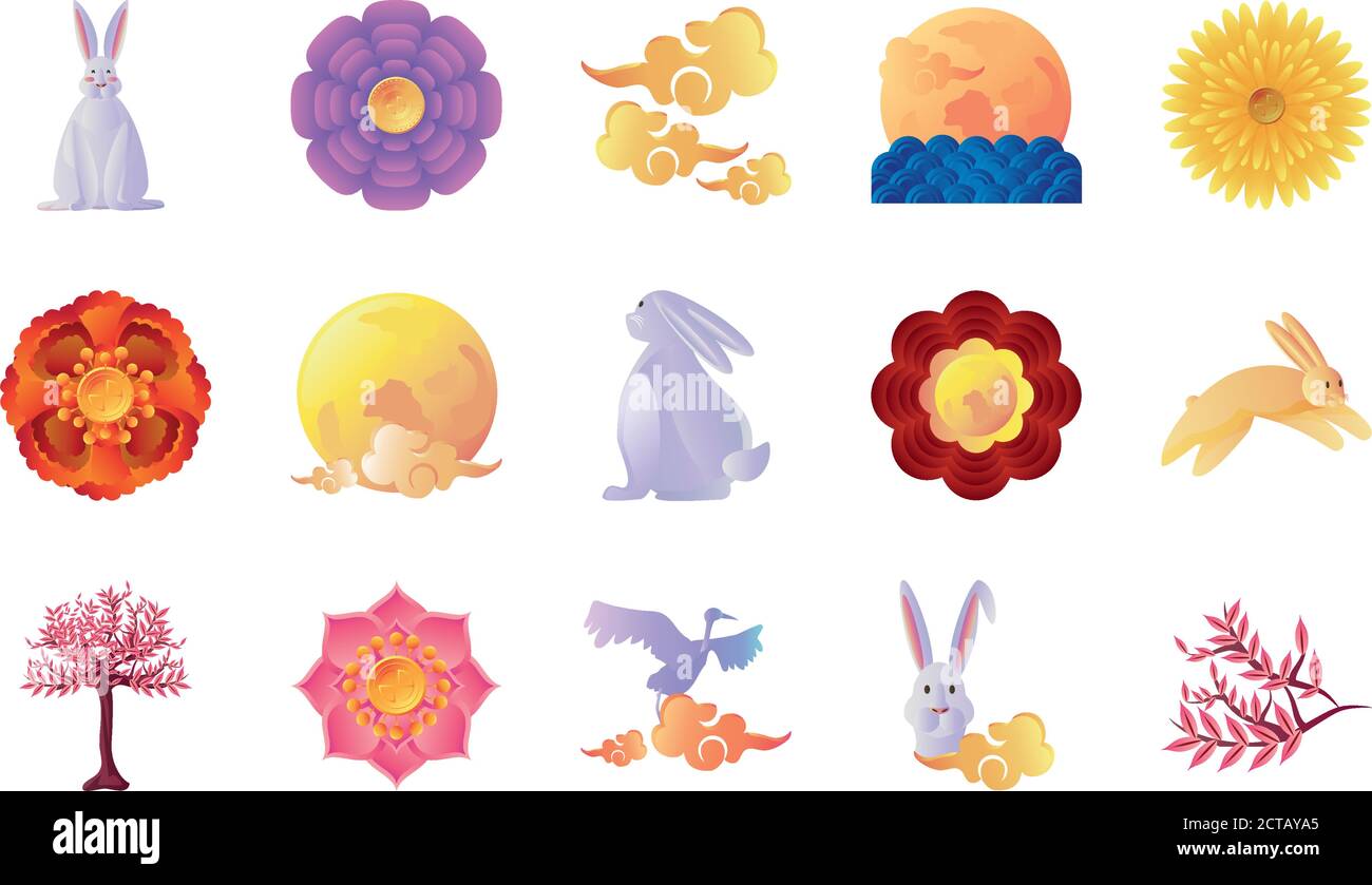set of icons mid autumn festival or chinese moon festival over white ...