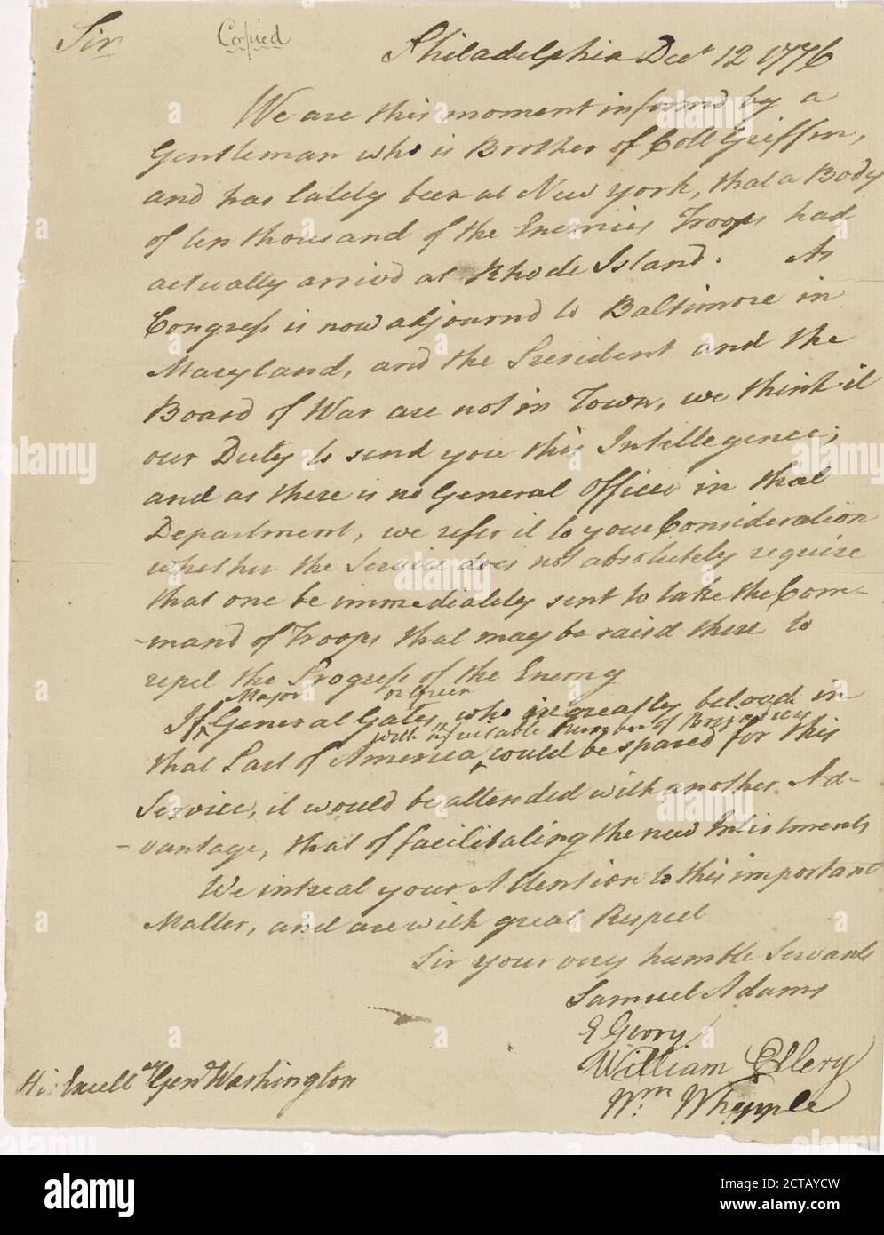 Letter from Samuel Adams, Elbridge Gerry, William Ellery, and William Whipple to George Washington, text, Correspondence, 1776 Stock Photo