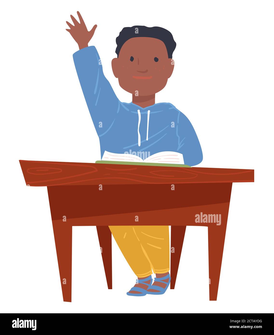 Schoolboy raising hand at lesson, boy sitting by table Stock Vector