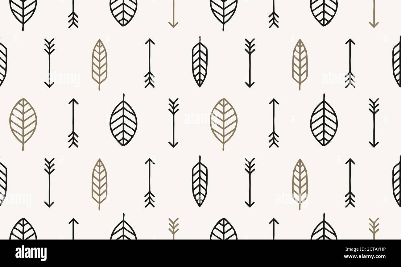 Leaf, arrow and feather vector seamless pattern. Geometric design pattern with leaves, tribal or ethnic style. Stock Vector