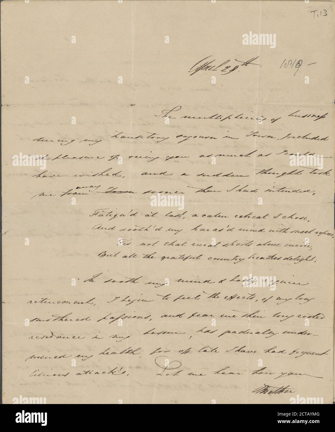 Autograph letter signed to Augusta White, 29 April 1818, text, Correspondence, 1818, Trelawny, Edward John, 1792-1881 Stock Photo