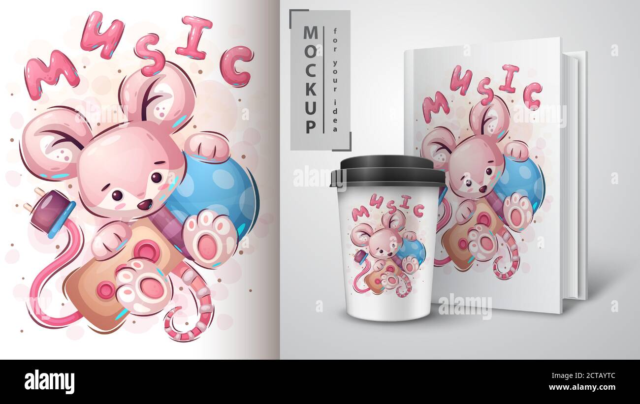 Mouse with microphone - poster and merchandising. Stock Vector