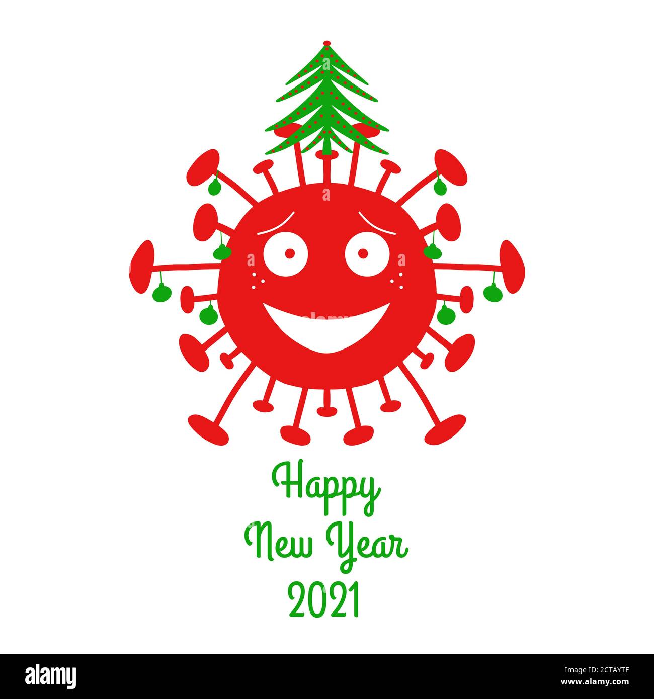 Happy New Year 2021. Red cartoon coronavirus bacteria with green christmas balls and fir tree on the top. Isolated on a white background. Vector stock Stock Vector