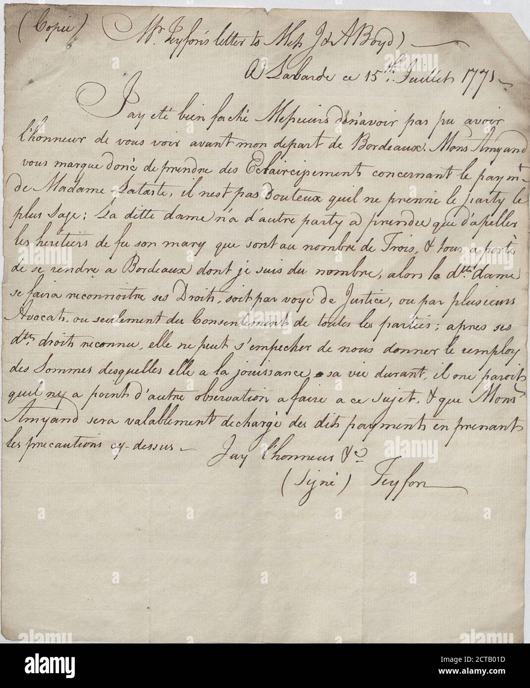 Mrs. Lemesle ve Lataste (widow), text, Correspondence, 1771 Stock Photo