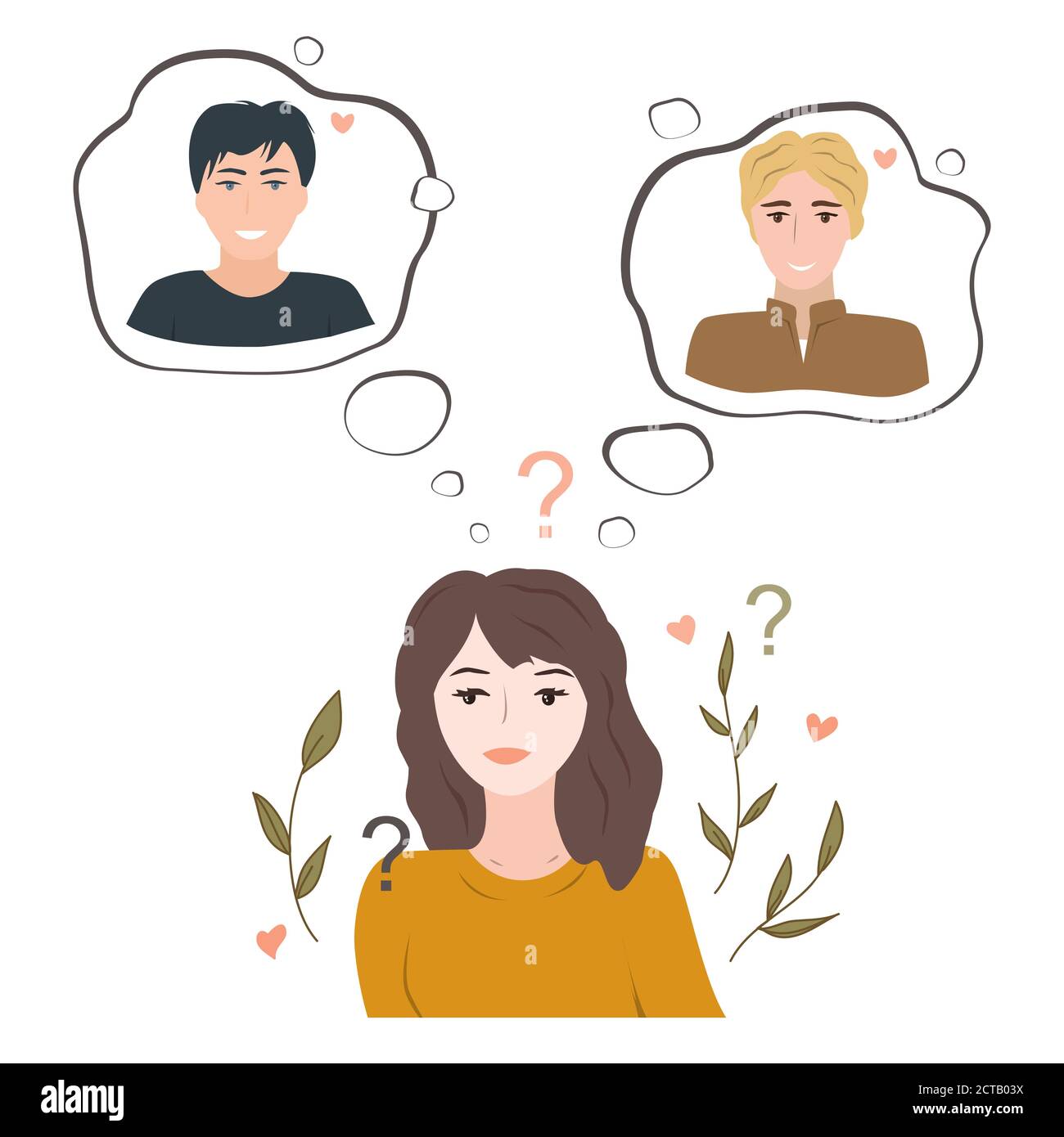 Undecided teenage girl doubting between two loves. Young woman thinking about two handsome guys and trying to decide which one she likes. Vector Stock Vector