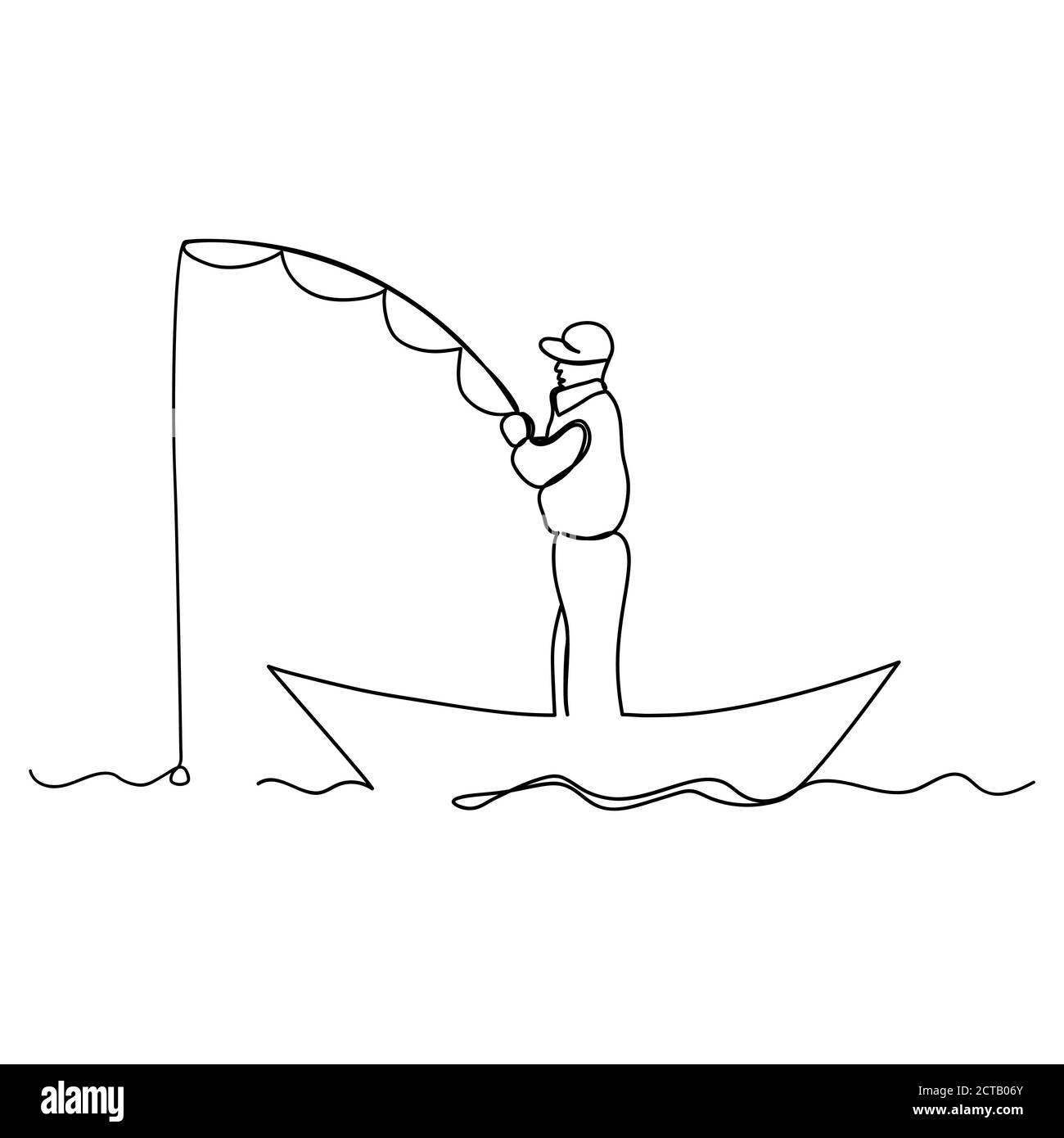 Man fishing from a boat. Line art Stock Vector