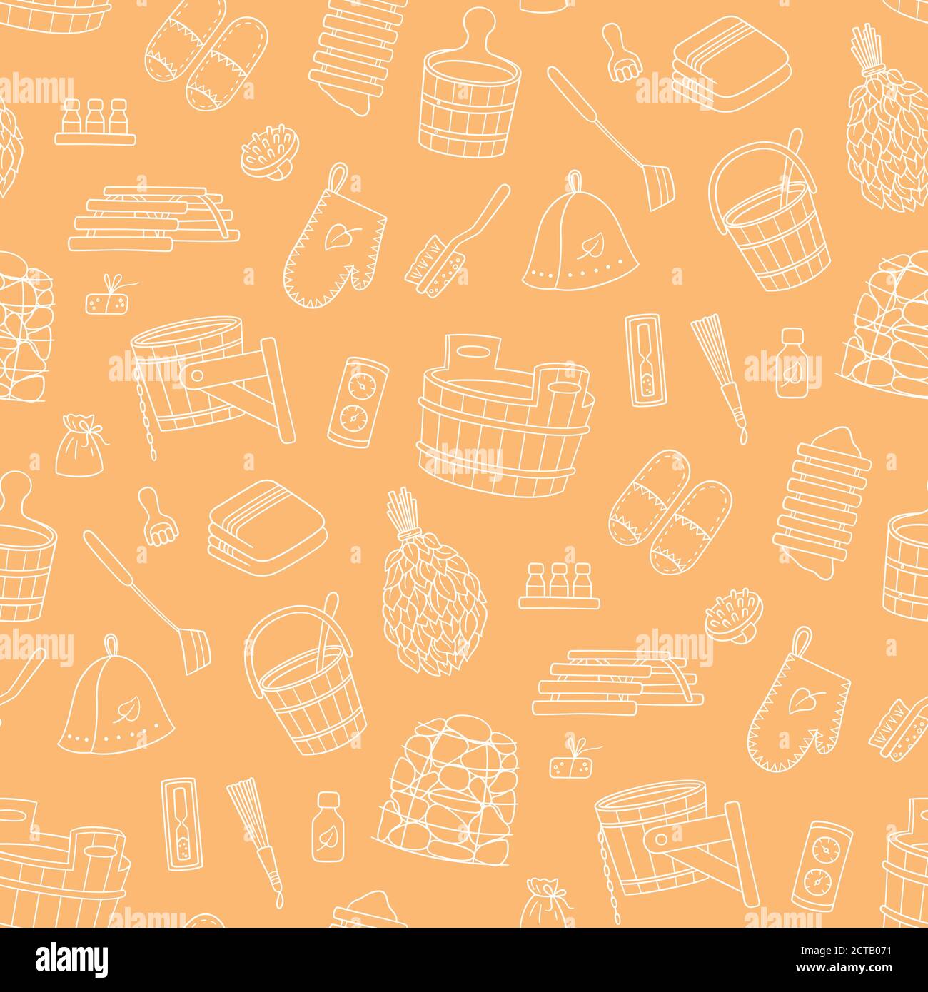 Sauna and Bathhouse accessories. Hand drawn seamless pattern. Stock Vector