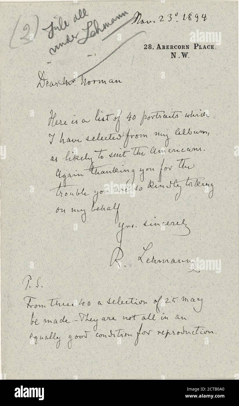 Lehmann, Rudolf, text, Correspondence, 1894 Stock Photo