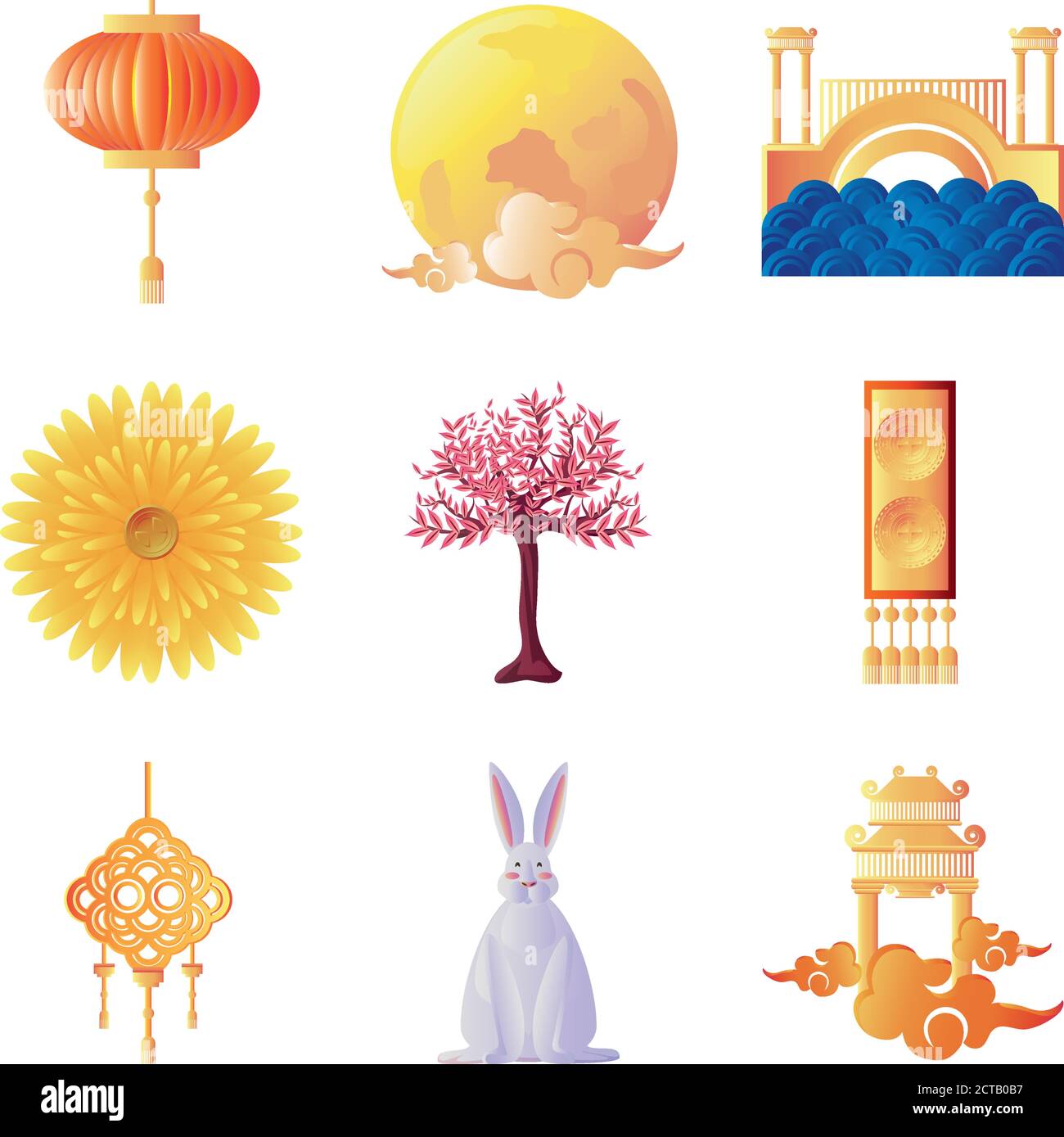 set of icons mid autumn festival or chinese moon festival on white ...